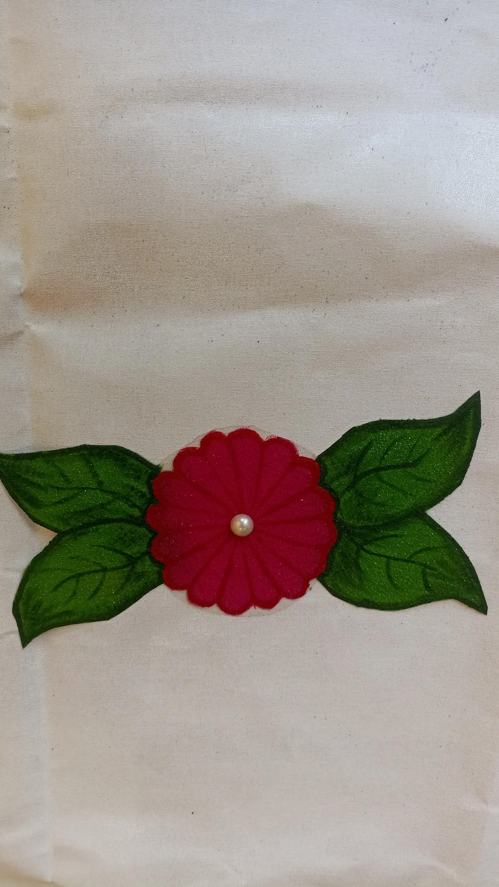 Pink Flower & Green Leaf Patch Rangoli with Pearl — image 1