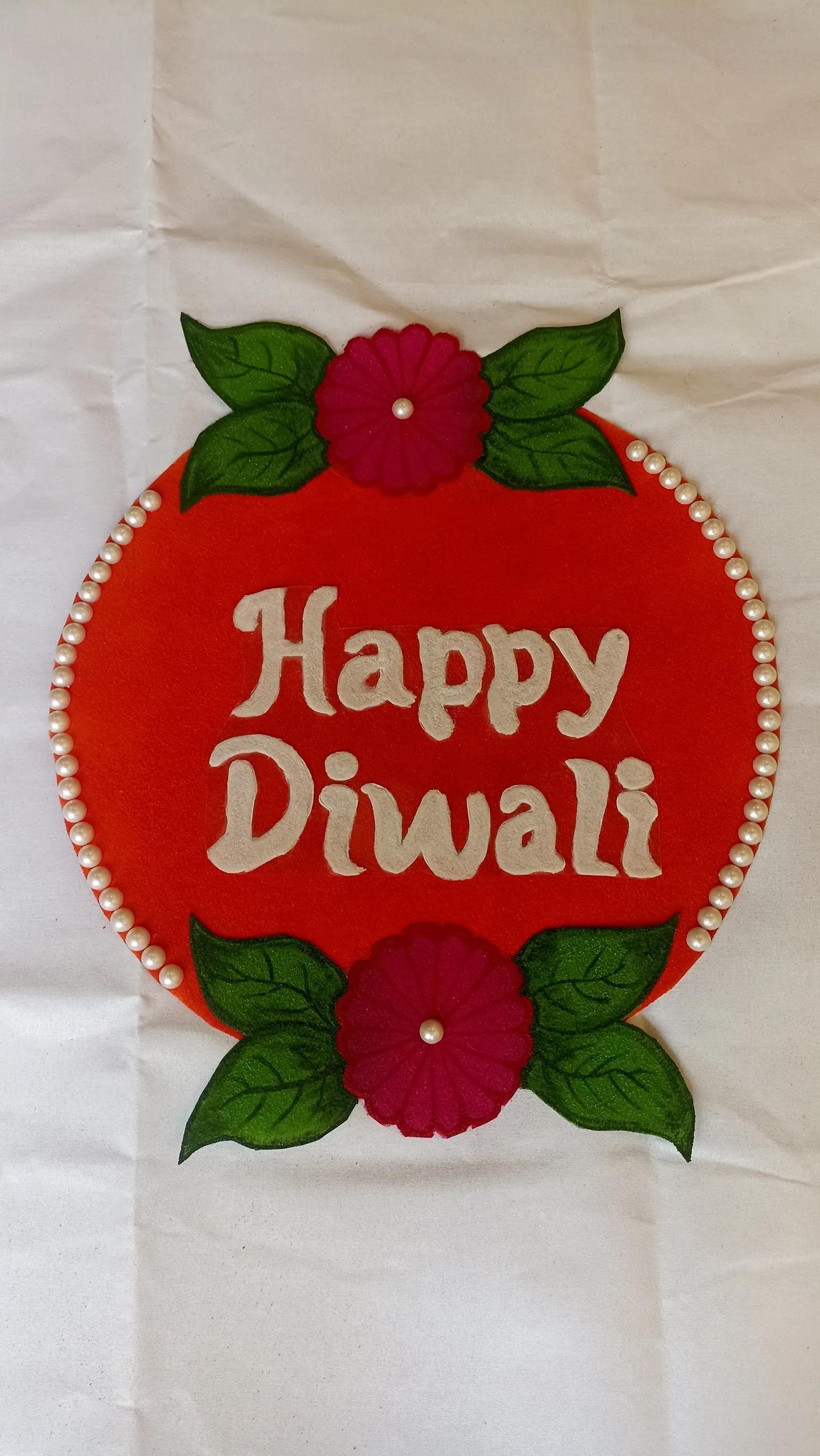Happy Diwali Round Rangoli – Red with Flowers & Pearls — image 1