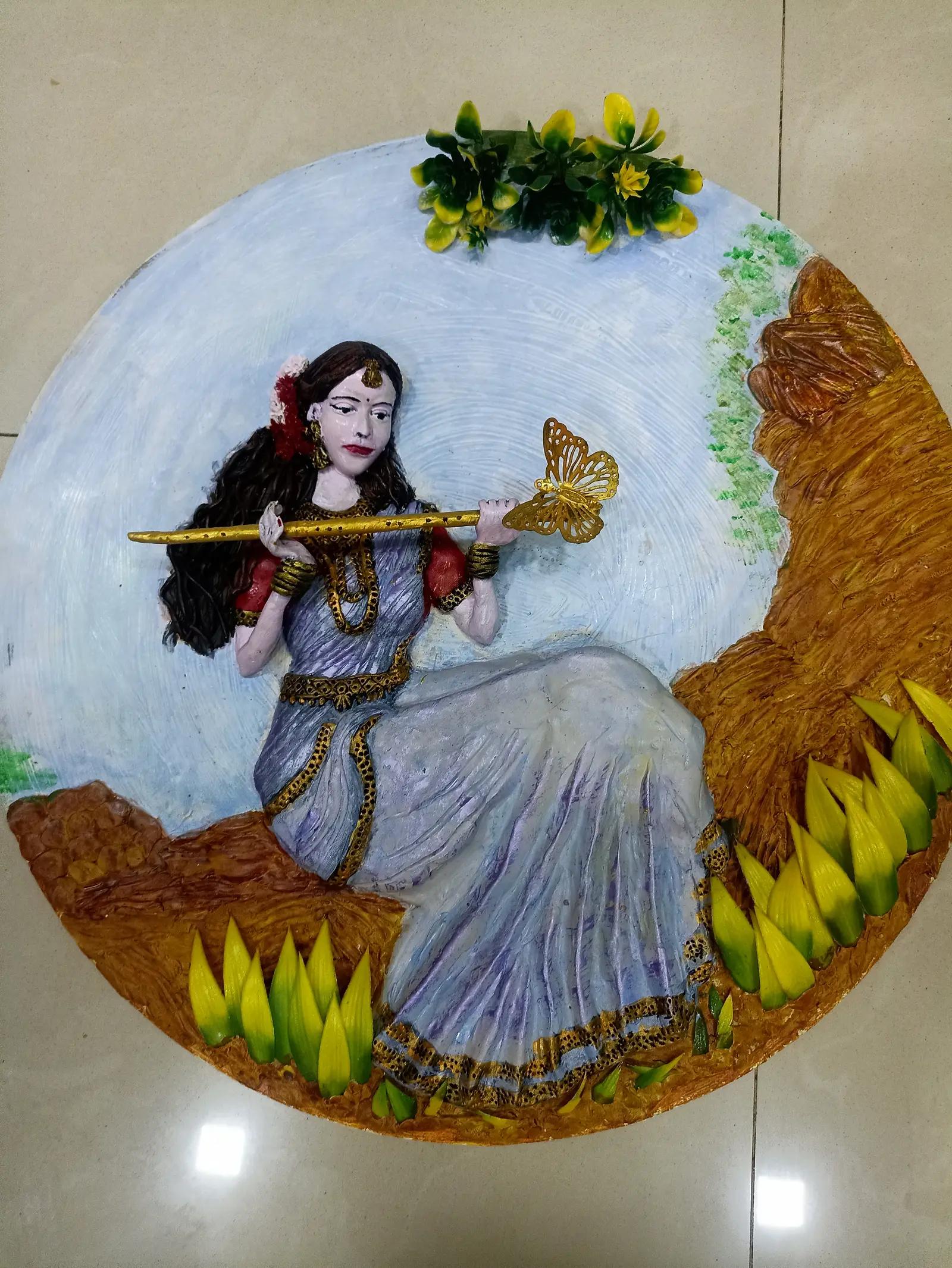 Radha with Flute – Round Relief Mural