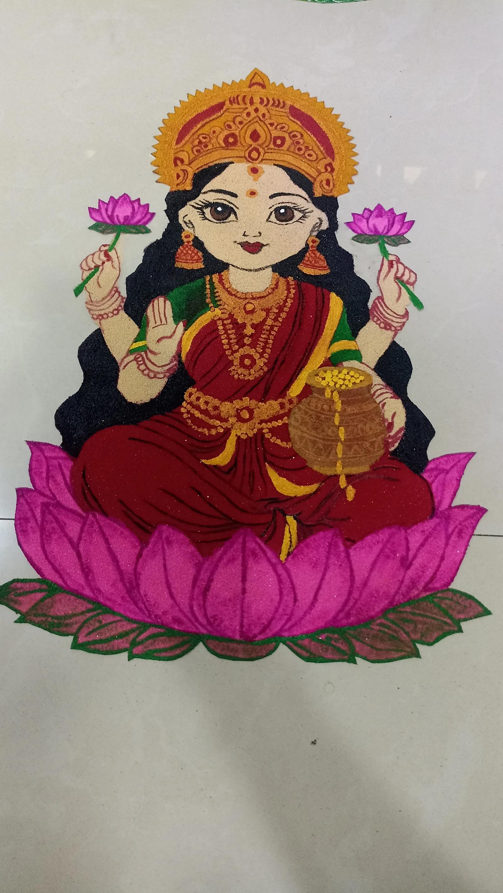 Goddess Lakshmi on Lotus Patch Rangoli – Design A