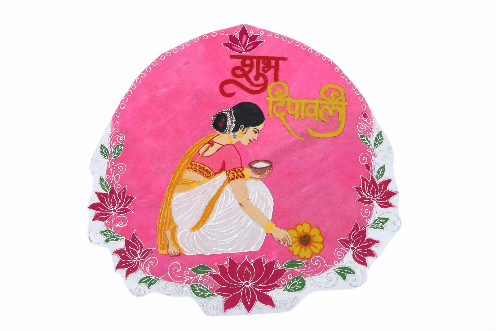 Pink Round Patch Rangoli with Kneeling Woman & Shubh Dipawali – Mix & Match Set — image 1