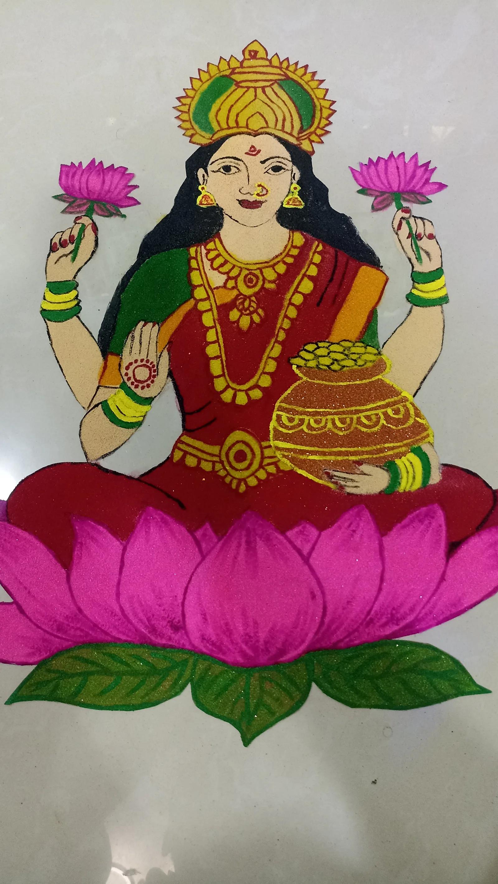 Goddess Lakshmi on Lotus Patch Rangoli – Design B