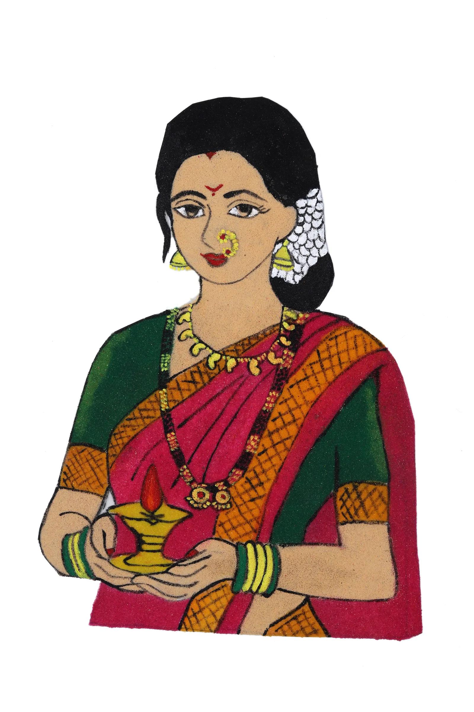 Maharashtrian Lady with Diya Patch Rangoli — image 1