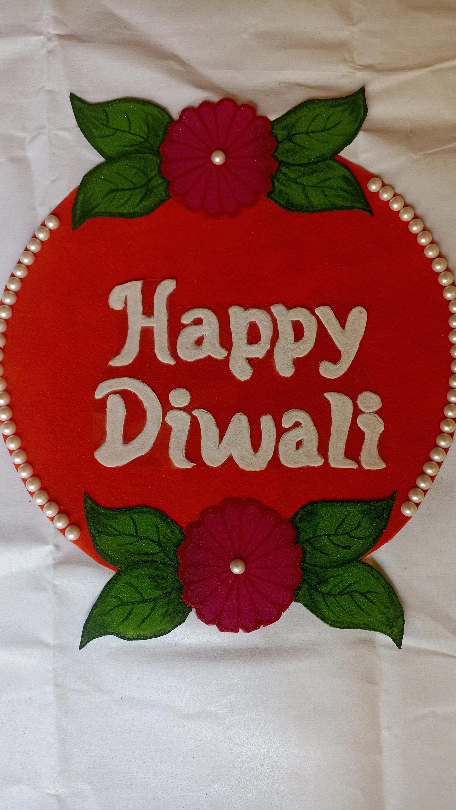 Happy Diwali Round Rangoli – Red with Flowers & Pearls — image 2